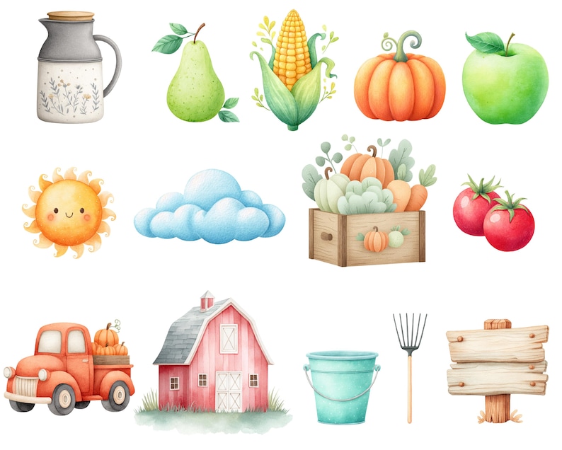May include: Watercolor illustration of various autumn harvest items. Includes a milk jug, pear, corn, pumpkin, apple, sun, cloud, crate of pumpkins, tomatoes, truck with pumpkins, barn, bucket, rake, and a wooden sign.