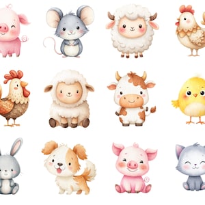 May include: Watercolor illustrations of various farm animals, including a pig, mouse, sheep, chicken, rooster, cow, chick, rabbit, dog, and cat. Each animal is depicted in a cute, cartoon style with soft colors and friendly expressions.