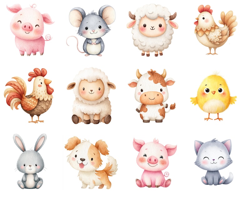 May include: Watercolor illustrations of various farm animals, including a pig, mouse, sheep, chicken, rooster, cow, chick, rabbit, dog, and cat. Each animal is depicted in a cute, cartoon style with soft colors and friendly expressions.