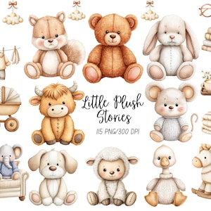 Peut inclure: Illustration à l'aquarelle de divers jouets en peluche, dont un écureuil, un ours, un lapin, une souris, une vache, un chien, un mouton, un canard et un cheval à bascule. L'image comprend également une poussette, des livres et le texte "Little Plush Stories."