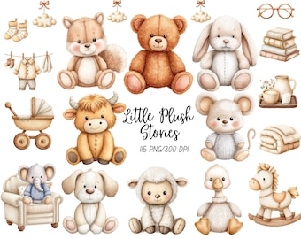 Watercolor Little Plush Stories Clipart, Heirloom Baby Toys PNG, Vintage Nursery Clipart, Neutral Baby Shower Graphics, English Spring