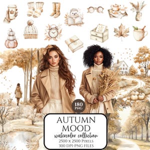 Bundle de cliparts humeur automne aquarelle, automne neutre PNG, automne Cottagecore confortable, citrouille des cliparts, téléchargement numérique, usage Commercial