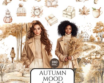 Paquete de imágenes prediseñadas de otoño en acuarela, otoño neutro PNG, otoño acogedor estilo cottagecore, calabaza, descarga digital, uso comercial