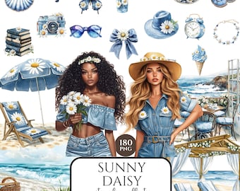 Watercolor Summer Daisy Clipart, Denim and Daisies, Cottagecore Spring Florals, Daisy Flower PNG, Scrapbooking, Commercial Use