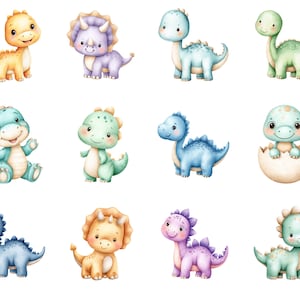 May include: A collection of twelve watercolor illustrations of adorable cartoon dinosaurs in various colors. The dinosaurs include a T-Rex, Triceratops, and others, each with a friendly expression and unique features. The dinosaurs are in shades of yellow, blue, green, and purple.
