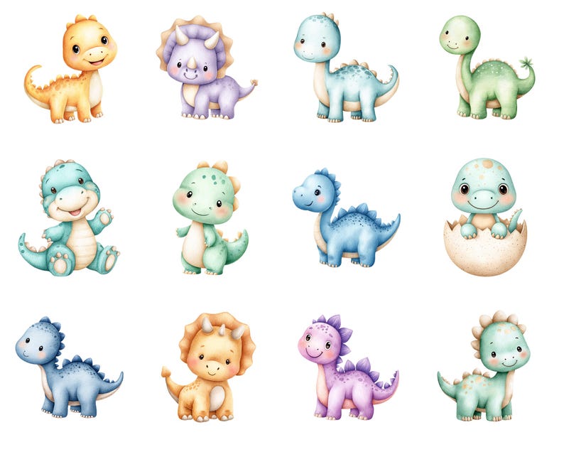 May include: A collection of twelve watercolor illustrations of adorable cartoon dinosaurs in various colors. The dinosaurs include a T-Rex, Triceratops, and others, each with a friendly expression and unique features. The dinosaurs are in shades of yellow, blue, green, and purple.