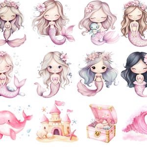 Puede incluir: Un conjunto de diez ilustraciones digitales con sirenas rosas, una ballena rosa, una concha rosa, un cofre del tesoro rosa y una ola rosa. Las sirenas tienen el pelo largo y fluido y llevan conchas. Las ilustraciones son perfectas para a&ntilde;adir un toque de fantas&iacute;a a cualquier proyecto.