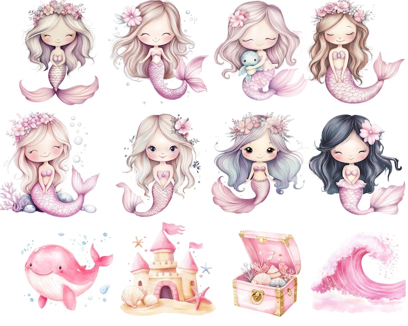Puede incluir: Un conjunto de diez ilustraciones digitales con sirenas rosas, una ballena rosa, una concha rosa, un cofre del tesoro rosa y una ola rosa. Las sirenas tienen el pelo largo y fluido y llevan conchas. Las ilustraciones son perfectas para a&ntilde;adir un toque de fantas&iacute;a a cualquier proyecto.