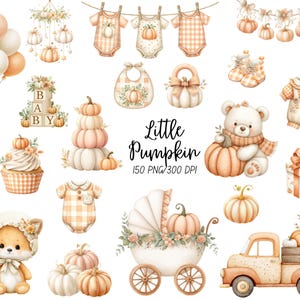 May include: Watercolor illustrations of baby-themed items, including pumpkins, a teddy bear, baby clothes, a fox, and a baby carriage. The text "Little Pumpkin" is also included. The color palette is soft, featuring shades of orange, peach, and cream.