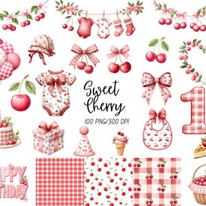 Puede incluir: Ilustraciones en acuarela con temática de cerezas. Incluye ropa de bebé, lazos, globos, una tarta, una caja de regalo y el texto "Sweet Cherry" y "Happy Birthday". La paleta de colores es principalmente rosa y rojo.