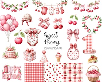 Watercolor Cherry Clipart, Cherry First Birthday Clipart, Cherry Bow Clipart, Cherry Dessert Clipart, Cherry on Top, Fruit Clipart, Cherries