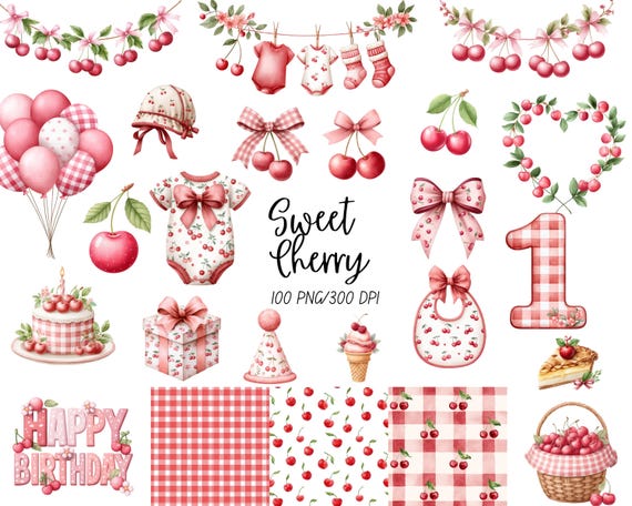 Watercolor Cherry Clipart, Cherry First Birthday Clipart, Cherry Bow Clipart, Cherry Dessert Clipart, Cherry on Top, Fruit Clipart, Cherries