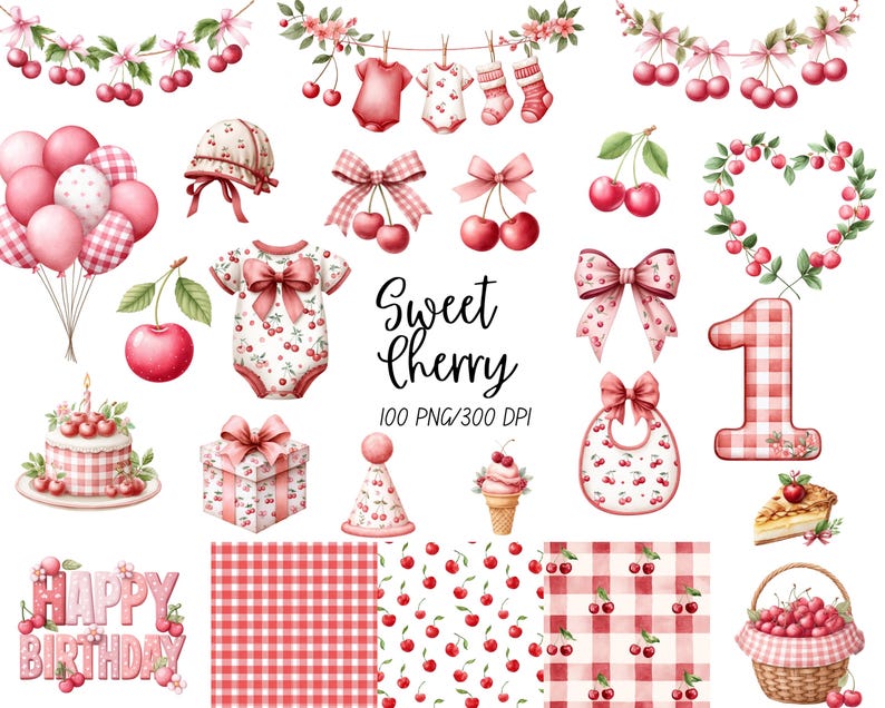 Puede incluir: Ilustraciones en acuarela con tem&aacute;tica de cerezas. Incluye ropa de beb&eacute;, lazos, globos, una tarta, una caja de regalo y el texto "Sweet Cherry" y "Happy Birthday". La paleta de colores es principalmente rosa y rojo.