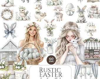 Watercolor Rustic Easter Clipart, Pastel Easter Clip Art, Easter Bunny, Spring Clipart, Happy Easter PNG, Cozy Easter, Digital Stickers