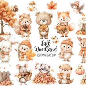 Fall Animal Clipart Watercolor Woodland Animals PNG Autumn Cute Forest Decor Digital Download for Crafts and Commercial Use