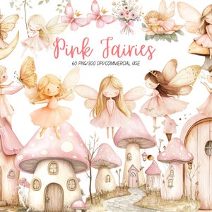 Clipart de hadas pastel, hadas rosas del bosque, niñas del bosque encantado en acuarela, imágenes prediseñadas para baby shower y primer cumpleaños, descarga digital