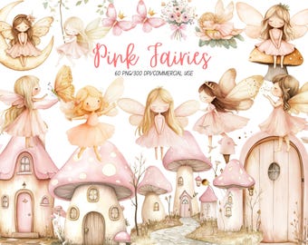 May include: A set of 60 digital illustrations of pink fairies with wings, flowers, and mushrooms. The fairies are wearing pink dresses and have blonde hair. The illustrations are perfect for adding a touch of whimsy to your projects.