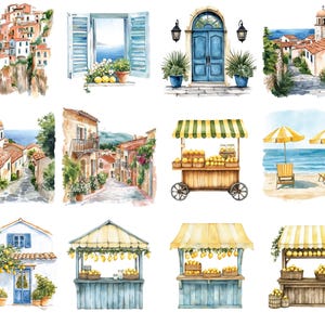 May include: Watercolor illustrations of Italian coastal scenes. Images include buildings on cliffs, a blue door, a window with shutters, a lemon cart, beach chairs with umbrellas, and a house with a lemon tree. The artwork has a bright, sunny aesthetic.