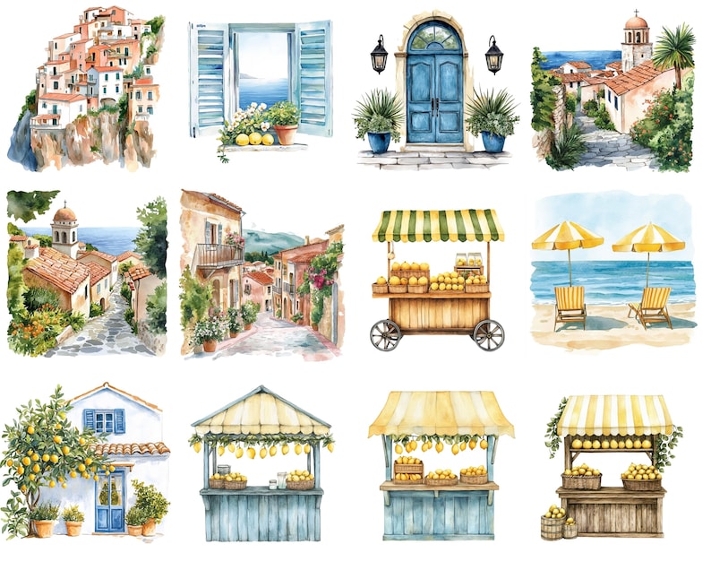 May include: Watercolor illustrations of Italian coastal scenes. Images include buildings on cliffs, a blue door, a window with shutters, a lemon cart, beach chairs with umbrellas, and a house with a lemon tree. The artwork has a bright, sunny aesthetic.