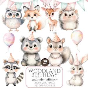 Joli clipart fête d'anniversaire des bois, aquarelle animaux de la forêt, renard hibou lapin PNG, autocollants de célébration, usage Commercial
