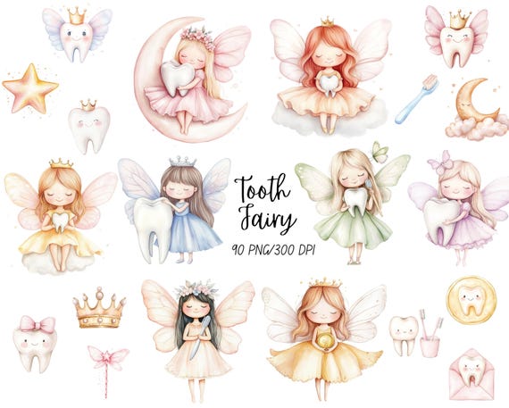 Tooth Fairy Clipart, Watercolor Lost Tooth Clip Art, For Kids Printables, Digital Download, Commercial Use