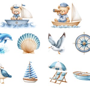 May include: Watercolor illustrations of nautical-themed elements. Includes a teddy bear sailor in a boat, a dolphin, a seashell, a seagull, a compass, a sailboat, beach chairs with an umbrella, and a rowboat. The color palette features blues, whites, and browns.
