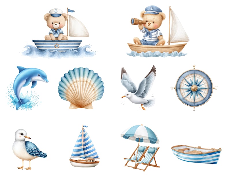 May include: Watercolor illustrations of nautical-themed elements. Includes a teddy bear sailor in a boat, a dolphin, a seashell, a seagull, a compass, a sailboat, beach chairs with an umbrella, and a rowboat. The color palette features blues, whites, and browns.