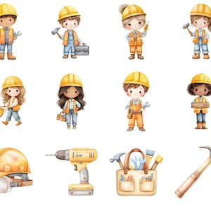 May include: Watercolor illustrations of construction workers, each wearing a yellow hard hat and safety vest. The image includes various tools like a hammer, drill, and toolbox. The characters are depicted with different skin tones and hairstyles, and some are holding tools.