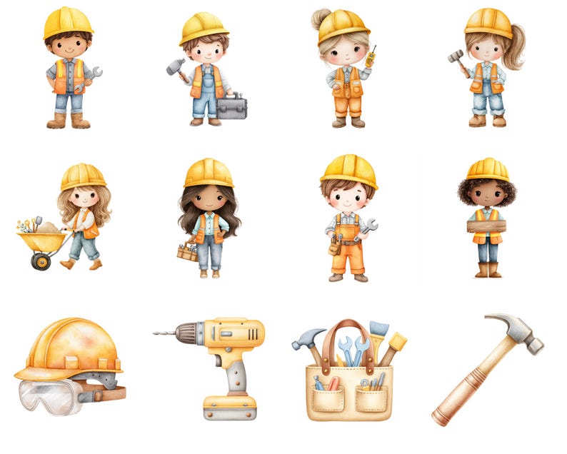 May include: Watercolor illustrations of construction workers, each wearing a yellow hard hat and safety vest. The image includes various tools like a hammer, drill, and toolbox. The characters are depicted with different skin tones and hairstyles, and some are holding tools.