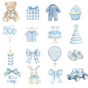 Op de afbeelding: Waterverfillustraties van baby-thema-items in blauwtinten. Bevat een teddybeer, cadeauverpakking, onesie, cupcake, ballonnen, cake, feesthoed, kaars, strik, luchtballon, schoenen, strik met tekst "It's a boy!", konijn, strik en een speelgoedauto.