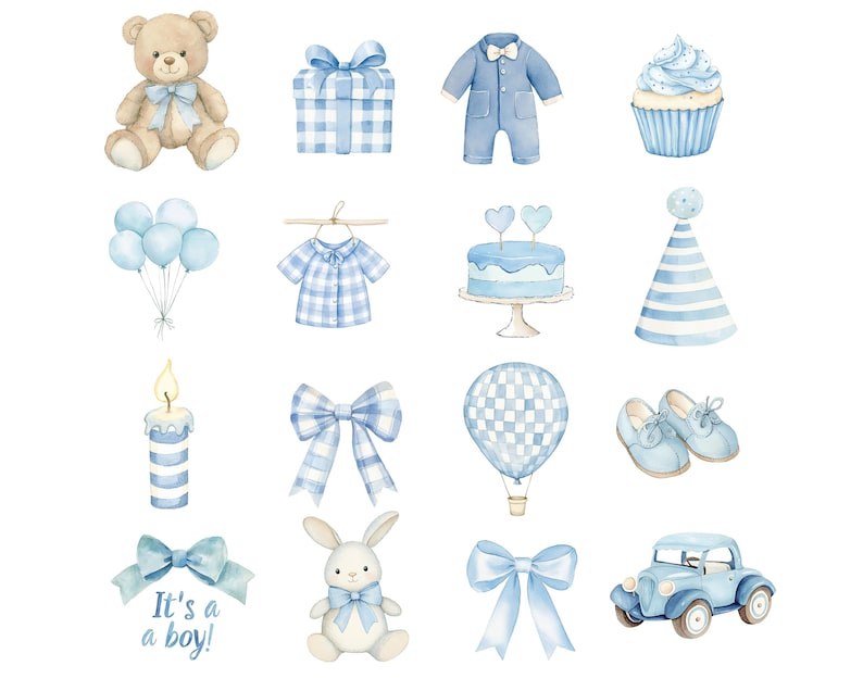 Op de afbeelding: Waterverfillustraties van baby-thema-items in blauwtinten. Bevat een teddybeer, cadeauverpakking, onesie, cupcake, ballonnen, cake, feesthoed, kaars, strik, luchtballon, schoenen, strik met tekst "It's a boy!", konijn, strik en een speelgoedauto.