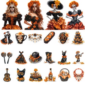 May include: A collection of Day of the Dead themed illustrations. The images include women in dresses, a skull-decorated coffee mug, a coffin, a cake, maracas, a dress, a hat, boots, a dog, a guitar, a cat, a table, a bottle, a basket, and a necklace.