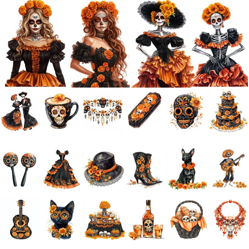 May include: A collection of Day of the Dead themed illustrations. The images include women in dresses, a skull-decorated coffee mug, a coffin, a cake, maracas, a dress, a hat, boots, a dog, a guitar, a cat, a table, a bottle, a basket, and a necklace.