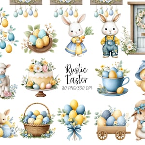 Rustik påsk, akvarell clipart set, akvarell kanin, vår png-grafik, barnkammarclipart, påskägg, digital nedladdning