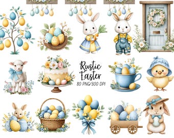 Rustic Easter, watercolor clipart set, watercolor bunny, spring png graphics, nursery clipart, easter eggs, digital download