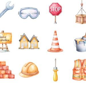 May include: Watercolor illustration of construction-themed objects. Includes a wrench, safety goggles, a stop sign, a wooden crate, a sign that says "Under Construction", two houses, a traffic cone, a bucket of paint, a stack of bricks, a hard hat, a screwdriver, and a safety vest.