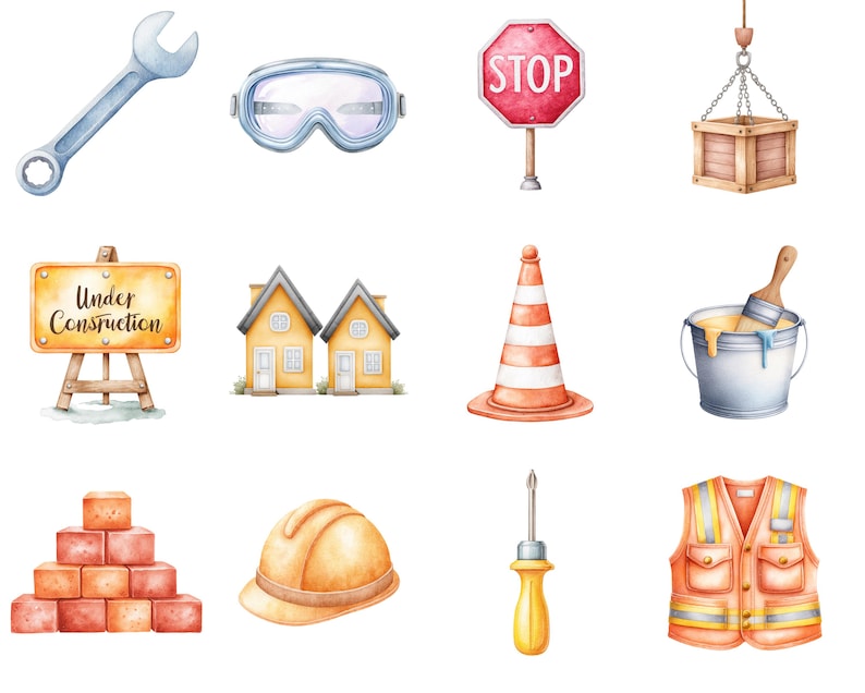 May include: Watercolor illustration of construction-themed objects. Includes a wrench, safety goggles, a stop sign, a wooden crate, a sign that says "Under Construction", two houses, a traffic cone, a bucket of paint, a stack of bricks, a hard hat, a screwdriver, and a safety vest.