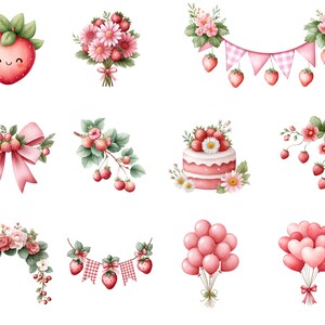May include: Watercolor illustrations of strawberries and floral arrangements. The image includes a smiling strawberry, bouquets, a cake, a banner, a bow, and balloons. The color palette is primarily pink, red, and green.