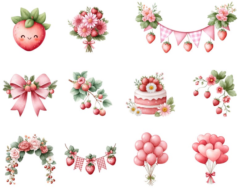 May include: Watercolor illustrations of strawberries and floral arrangements. The image includes a smiling strawberry, bouquets, a cake, a banner, a bow, and balloons. The color palette is primarily pink, red, and green.