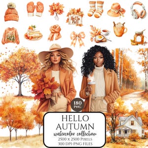 Aquarel Hallo herfst clipart, gezellige herfst png, cottagecore pompoenen, rustieke herfststemming, neutrale herfstesthetiek, commercieel gebruik