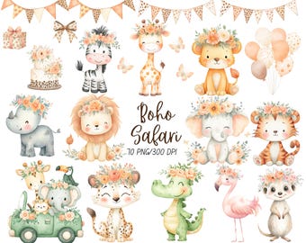 Clipart Boho Safari, Baby Shower Safari, Asilo nido nella giungla PNG, Safari neutro, Giungla Boho, Cuccioli di animali PNG