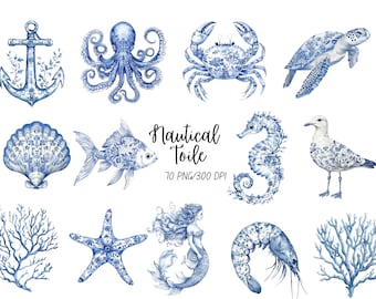 Nautical Blue Toile Watercolor Clipart: Ocean Animals PNG (Digital Download)