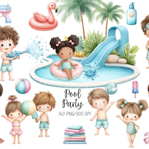 May include: Watercolor illustration of a pool party scene with cartoon children, a pool, and water toys. Includes a water gun, inflatable flamingo, pool slide, beach ball, and popsicles. Text reads "Pool Party".