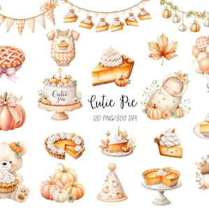May include: Watercolor illustrations of fall-themed items, including pie, cake, pumpkins, and a baby wrapped in a blanket. The text "Cutie Pie" is displayed. The color palette includes orange, cream, and brown.