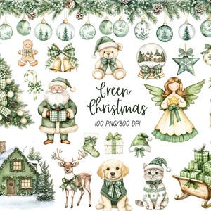 May include: Watercolor illustration of various Christmas-themed elements in green and white. Includes a Christmas tree, Santa Claus, angel, ornaments, and animals. The text "Green Christmas" is also present.