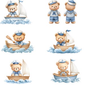 May include: Watercolor illustrations of teddy bears dressed as sailors on boats. The bears wear blue and white striped shirts, sailor hats, and blue shorts. The boats are depicted sailing on blue watercolor waves. The overall theme is nautical and whimsical.
