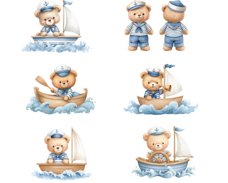 May include: Watercolor illustrations of teddy bears dressed as sailors on boats. The bears wear blue and white striped shirts, sailor hats, and blue shorts. The boats are depicted sailing on blue watercolor waves. The overall theme is nautical and whimsical.
