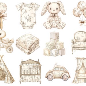 以下が含まれることがあります： 水彩イラストのベビー用品。ガラガラ、ボディスーツ、ぬいぐるみウサギ、風船、アヒルのオモチャ、毛布、ブロック、椅子、ティピー、ベビーベッド、車、天蓋付きベッドなど。すべてのアイテムはクリーム色とグレーの花柄です。