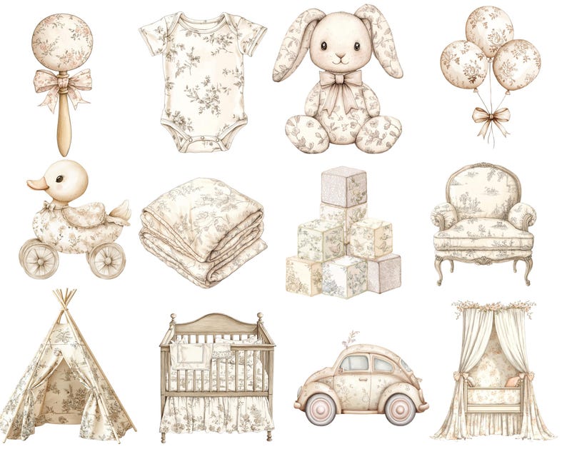 以下が含まれることがあります： 水彩イラストのベビー用品。ガラガラ、ボディスーツ、ぬいぐるみウサギ、風船、アヒルのオモチャ、毛布、ブロック、椅子、ティピー、ベビーベッド、車、天蓋付きベッドなど。すべてのアイテムはクリーム色とグレーの花柄です。