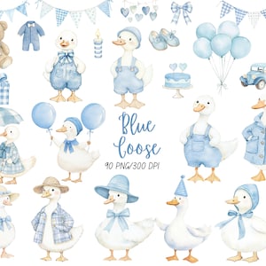 Op de afbeelding: Waterverfillustratie met een blauw-wit thema, met eenden in outfits, ballonnen, een teddybeer en andere decoratieve elementen. De tekst "Blue Goose" is ook aanwezig. De afbeelding heeft een speelse, kinderkamerachtige uitstraling.